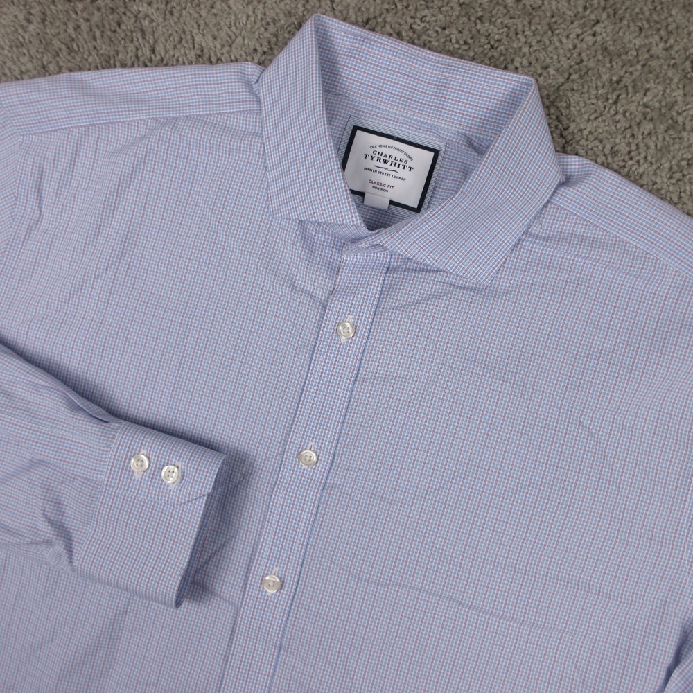 Charles Tyrwhitt Shirt Mens 2XL 18 38 Blue Plaid Classic Fit Dress Button Up